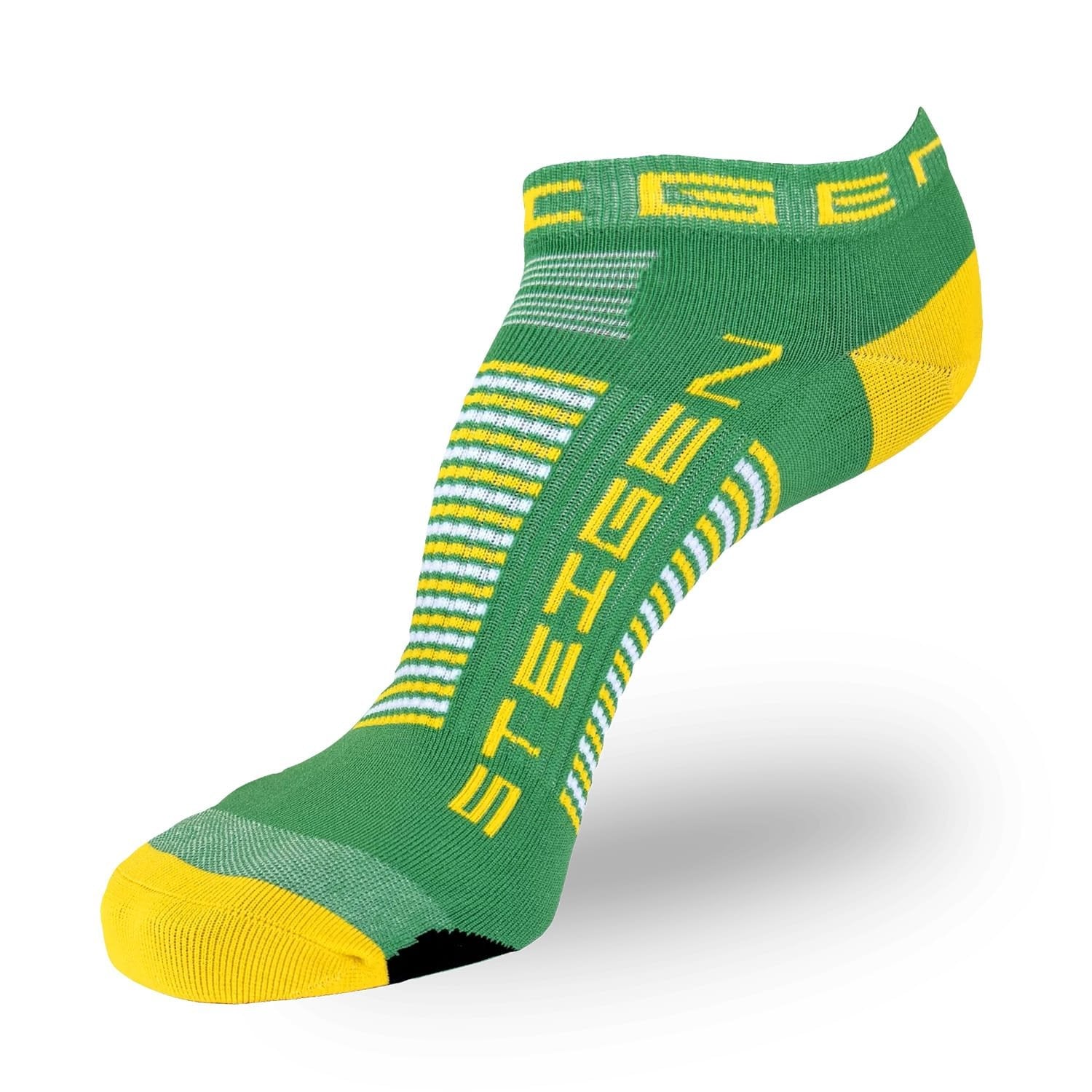 Steigen brand running sock in green and yellow.