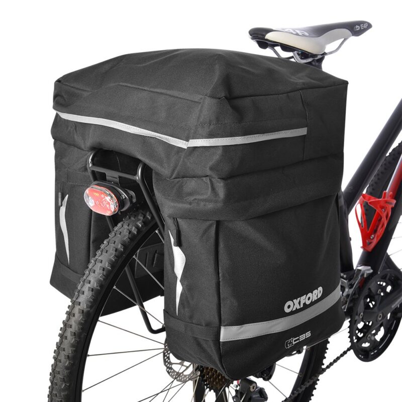 Triple pannier bag mounted on bike rear rack