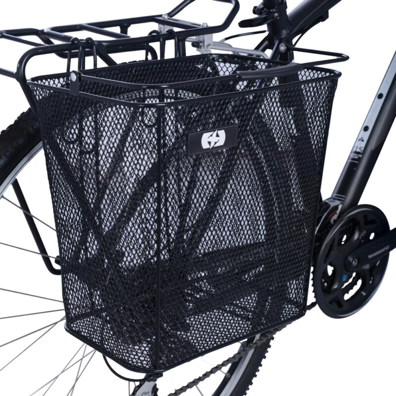 Black wire basket mounted on bike rear rack